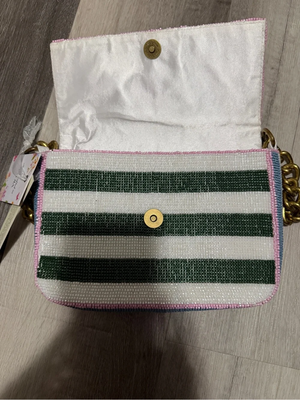 Pink, white, blue, and green stripe beaded bag with gold chain • NWT